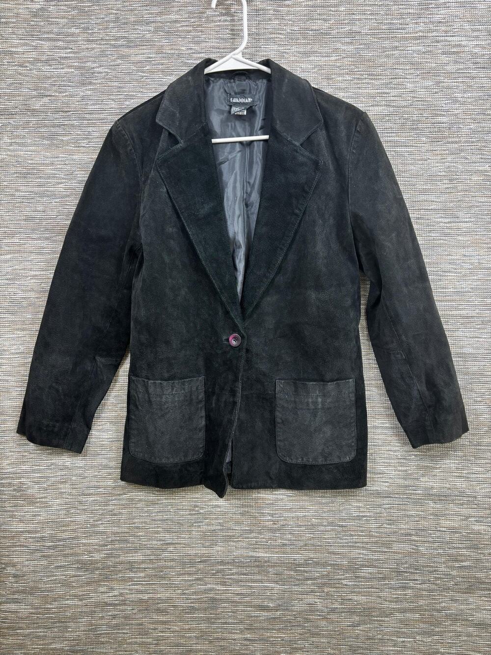 Savannah Leather Suede Blazer Women 6P Black 1 Button Patch Pocket Lined Jacket